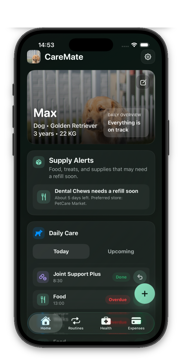 CareMate home dashboard showing Max, supply alerts, and daily care