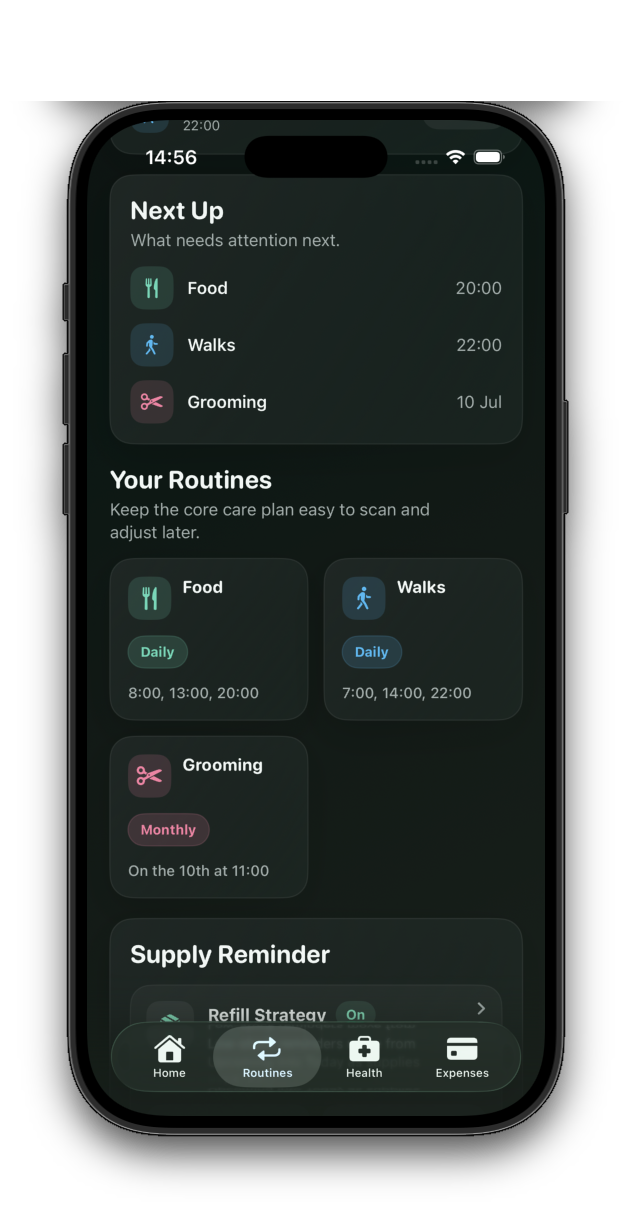 CareMate routine overview showing Next Up, daily routines, and a supply reminder